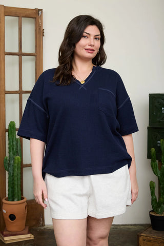 CURVY NAVY RIBBED SPLIT NECK SHORT SLEEVE BOXY KNIT TOP