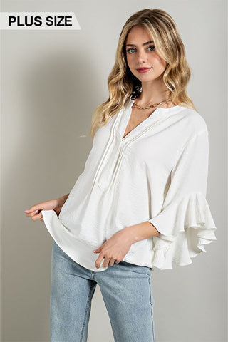 Curvy Off White Ruffled Bell Sleeve and Front Pleated Detail Top
