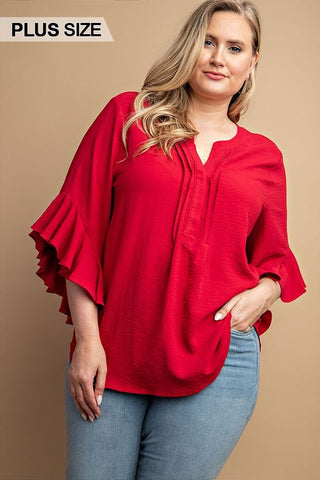 Curvy Red Ruffled Bell Sleeve and Front Pleated Detail Top