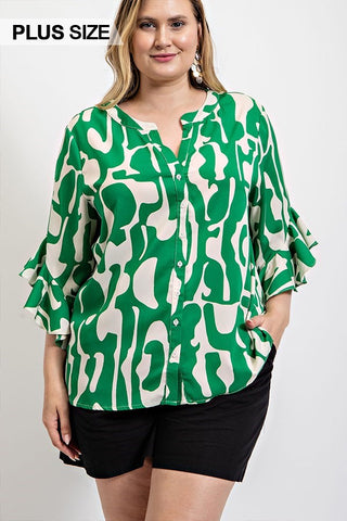 Curvy Green Geometric Print Ruffled Bell Sleeve Woven Top