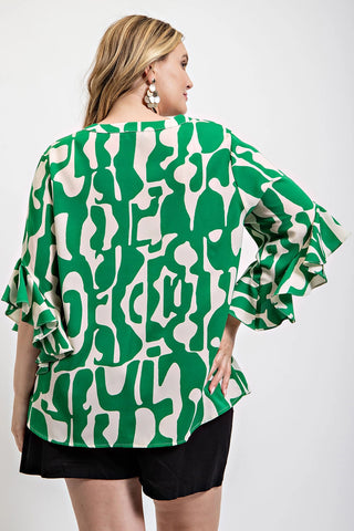 Curvy Green Geometric Print Ruffled Bell Sleeve Woven Top