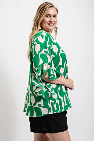 Curvy Green Geometric Print Ruffled Bell Sleeve Woven Top