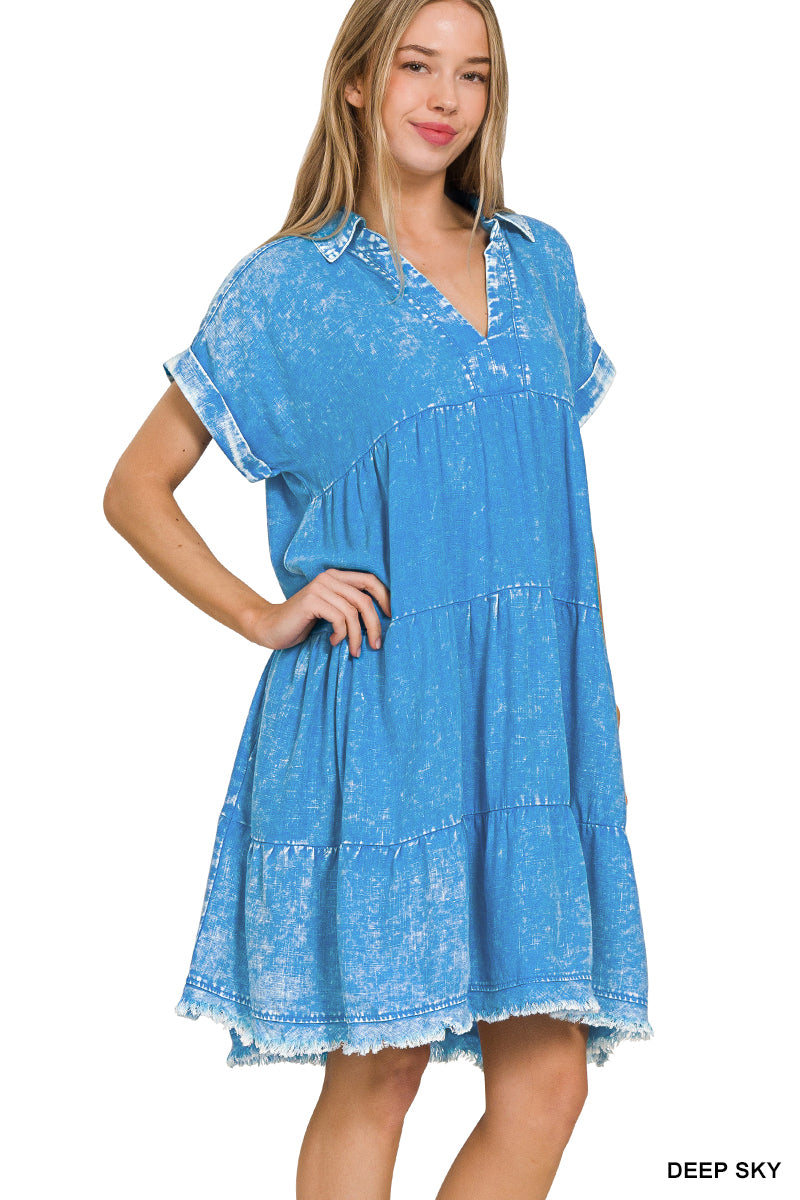 Deep Sky Blue Washed Linen Raw Edge V-Neck Dress