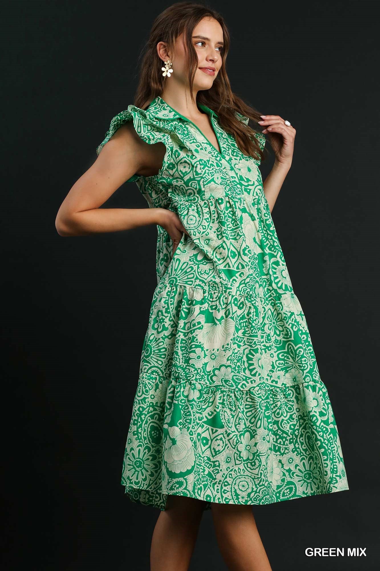 Green Two Tone Collared Midi Dress