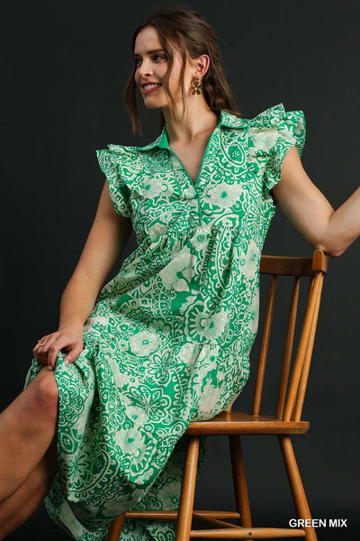 Green Two Tone Collared Midi Dress