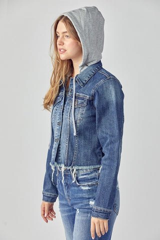 DARK DISTRESSED VINTAGE RAW HEM JACKET W/ HOODIE