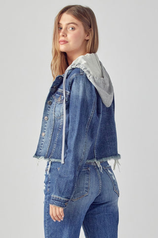DARK DISTRESSED VINTAGE RAW HEM JACKET W/ HOODIE