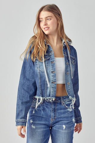 DARK DISTRESSED VINTAGE RAW HEM JACKET W/ HOODIE