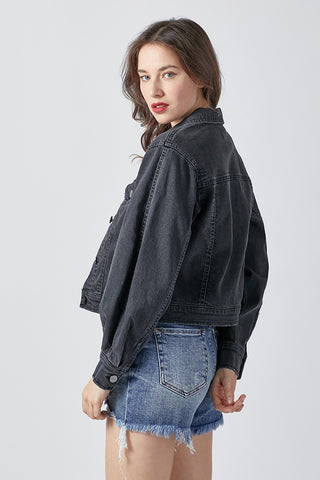 Black Balloon Sleeve Denim Jacket