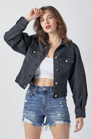 Black Balloon Sleeve Denim Jacket