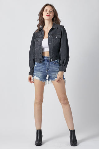 Black Balloon Sleeve Denim Jacket