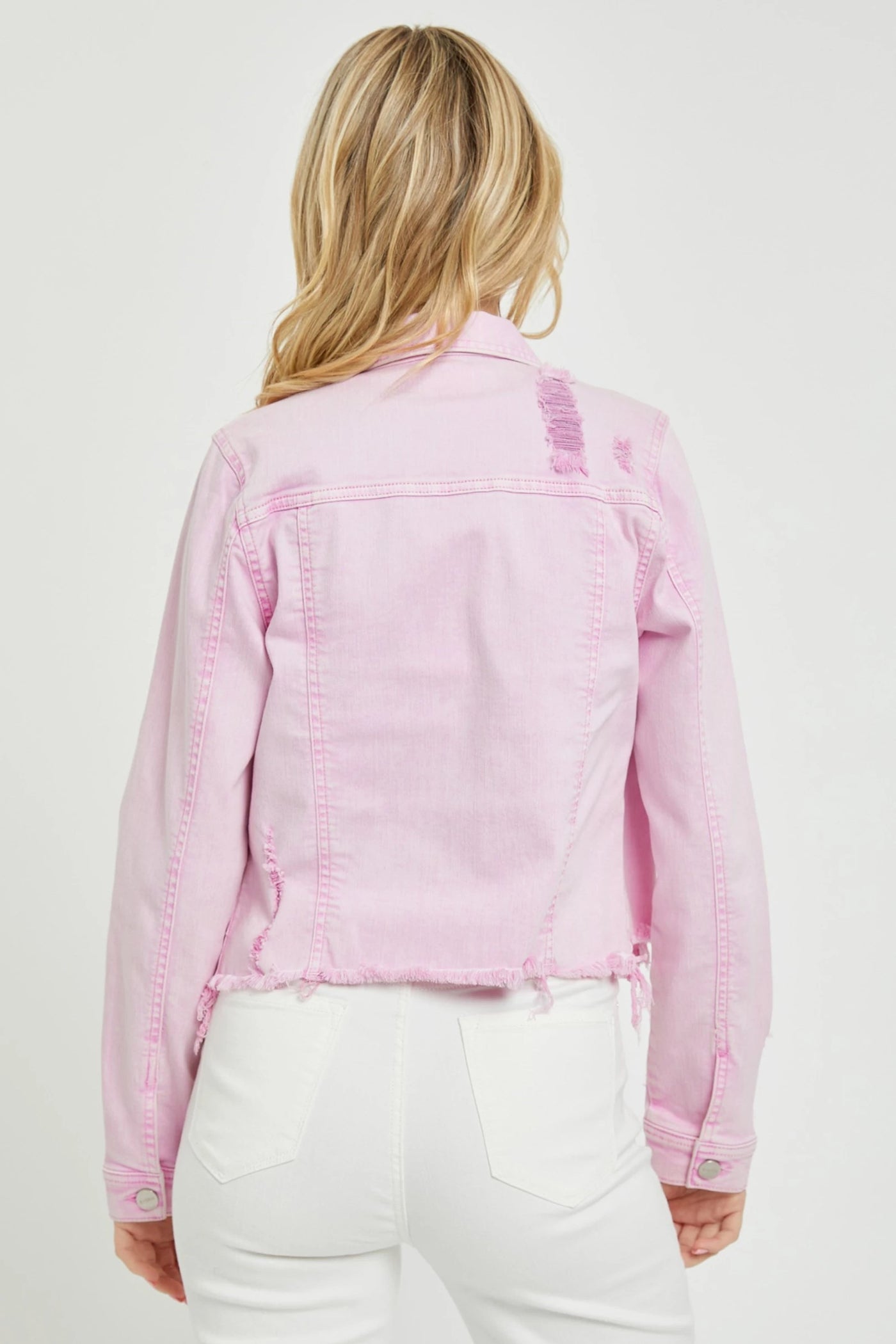 Acid Pink Irregular Fray Hemmed Color Denim Jacket
