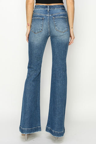 RISEN HIGH-RISE PATCHED POCKET FRONT FLARE JEANS in DARK WASH