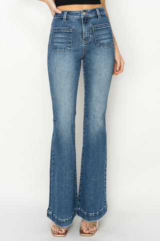 RISEN HIGH-RISE PATCHED POCKET FRONT FLARE JEANS in DARK WASH