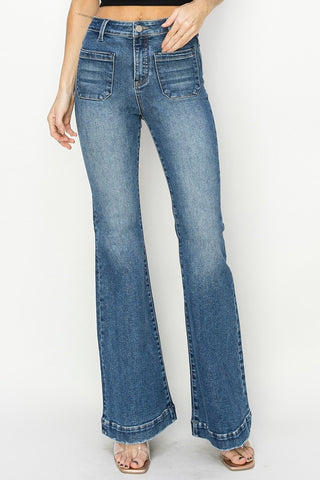 RISEN HIGH-RISE PATCHED POCKET FRONT FLARE JEANS in DARK WASH