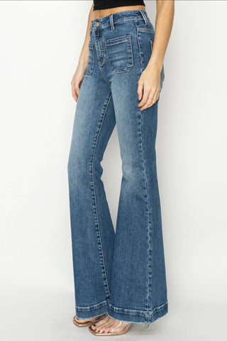 RISEN HIGH-RISE PATCHED POCKET FRONT FLARE JEANS in DARK WASH