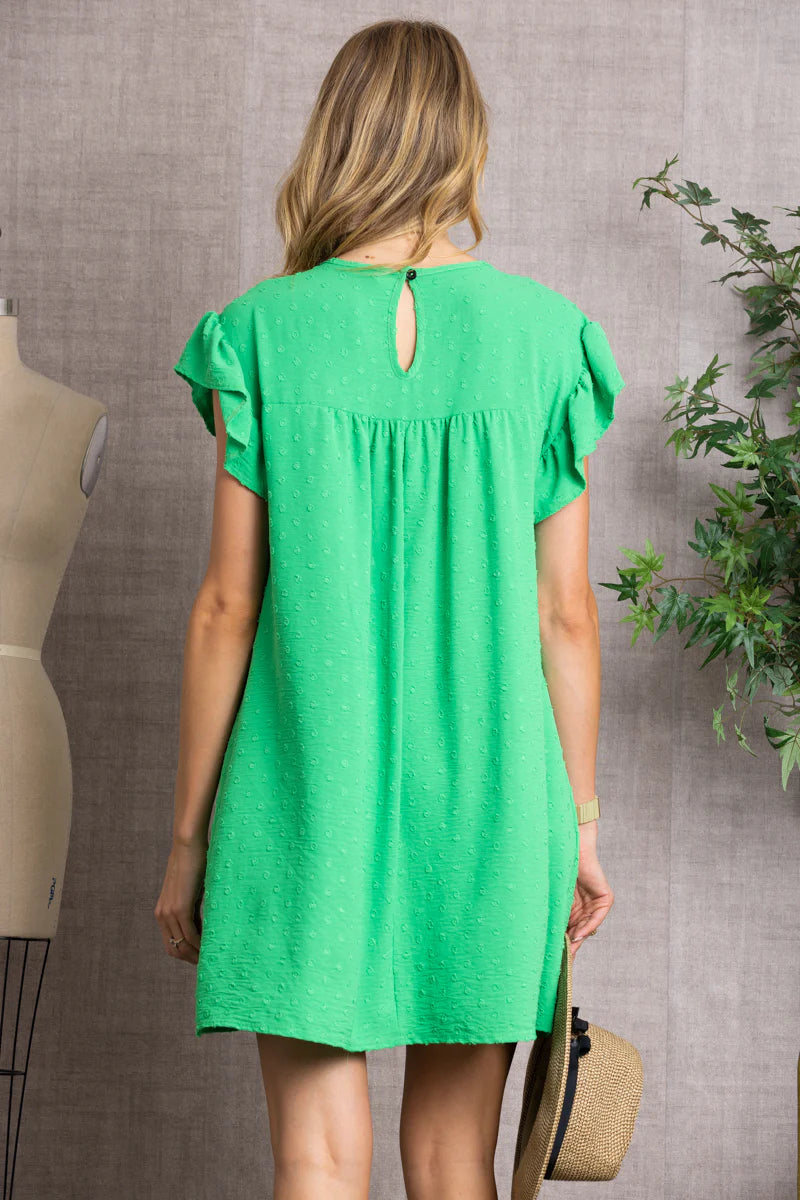 GREEN SWISS DOT RUFFLED SHORT SLEEVE BABYDOLL MIDI DRESS