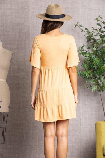 APRICOT REVERSE STITCH BELL SLEEVED RUFFLED TRIM MINI DRESS Final Sale