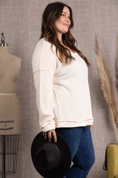 CURVY CREAM RIBBED KNIT LONG SLEEVES PLUS SIZE TOP FINAL SALE