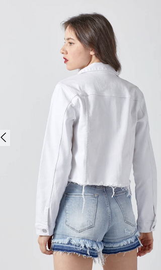 CURVY WHITE DISTRESSED VINTAGE RAW HEM FRAYED JACKET