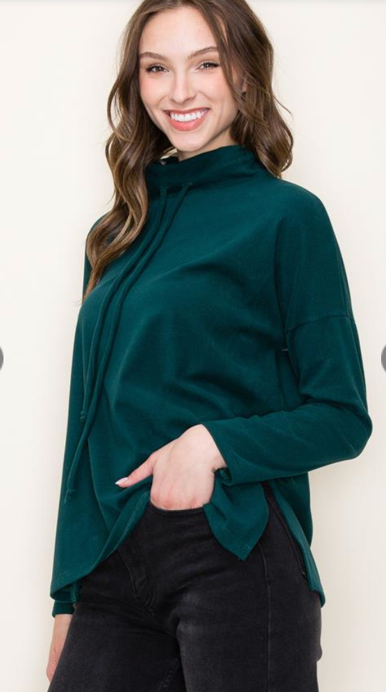 Hunter Green Knit Pullover Top with Drawstring