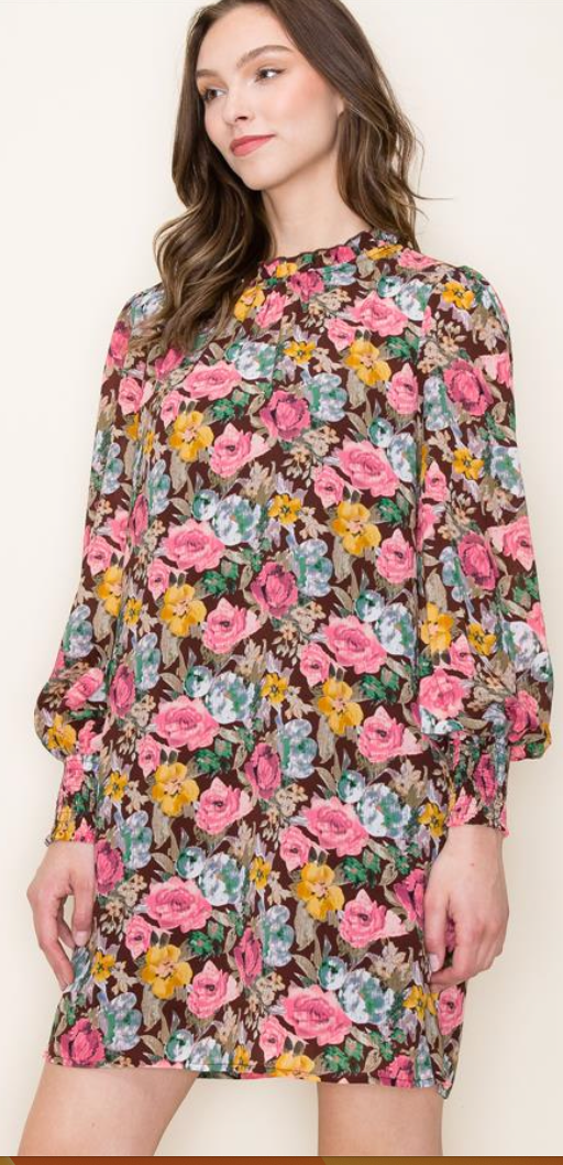 Brown Multi Floral Ruffle High Neck Dress Final Sale