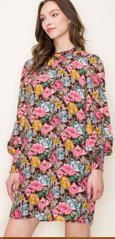 Brown Multi Floral Ruffle High Neck Dress