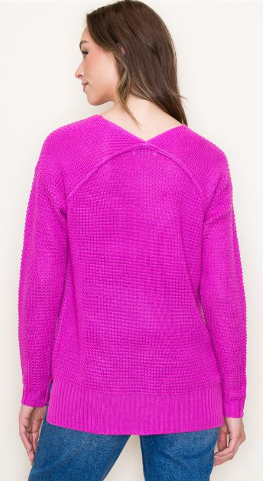 Orchid V Neck Long Sleeve Waffle Sweater