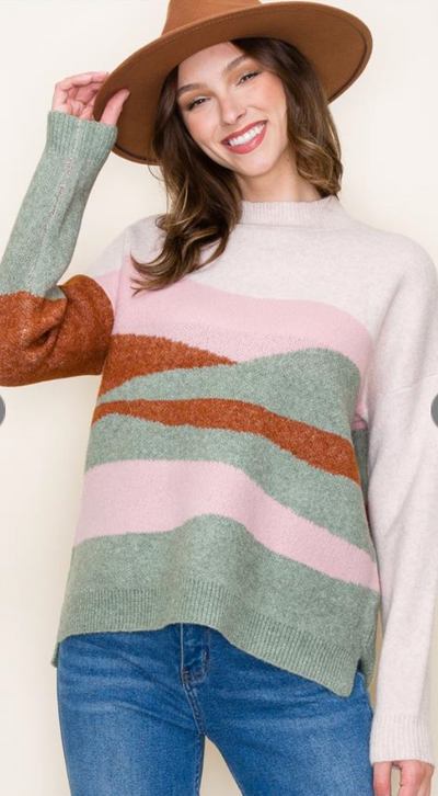 Pink/Sage Color Blocked Sweater Final Sale