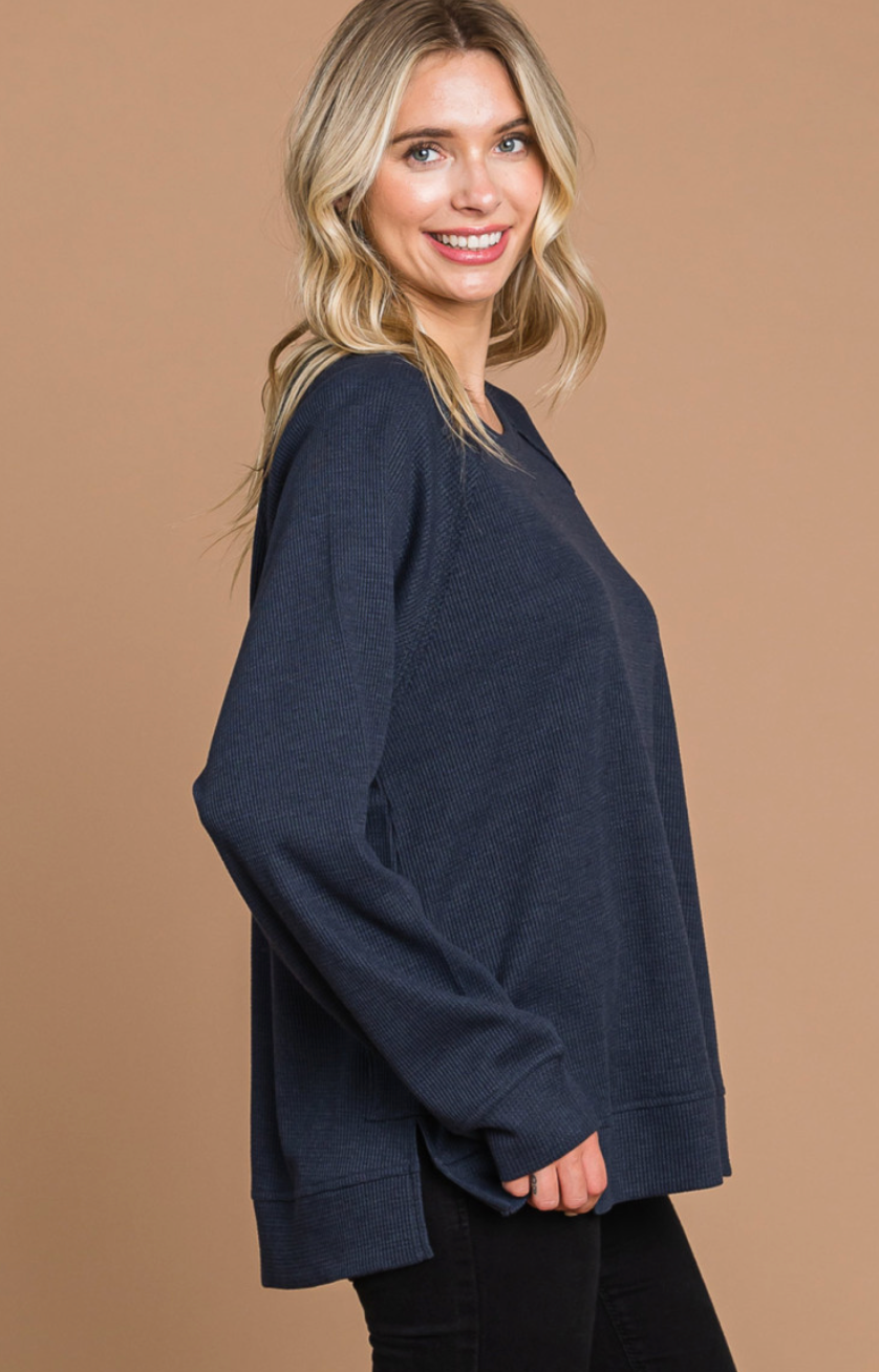 Curvy Ash Navy Washed Cotton Blended Thermal Casual Top Final Sale