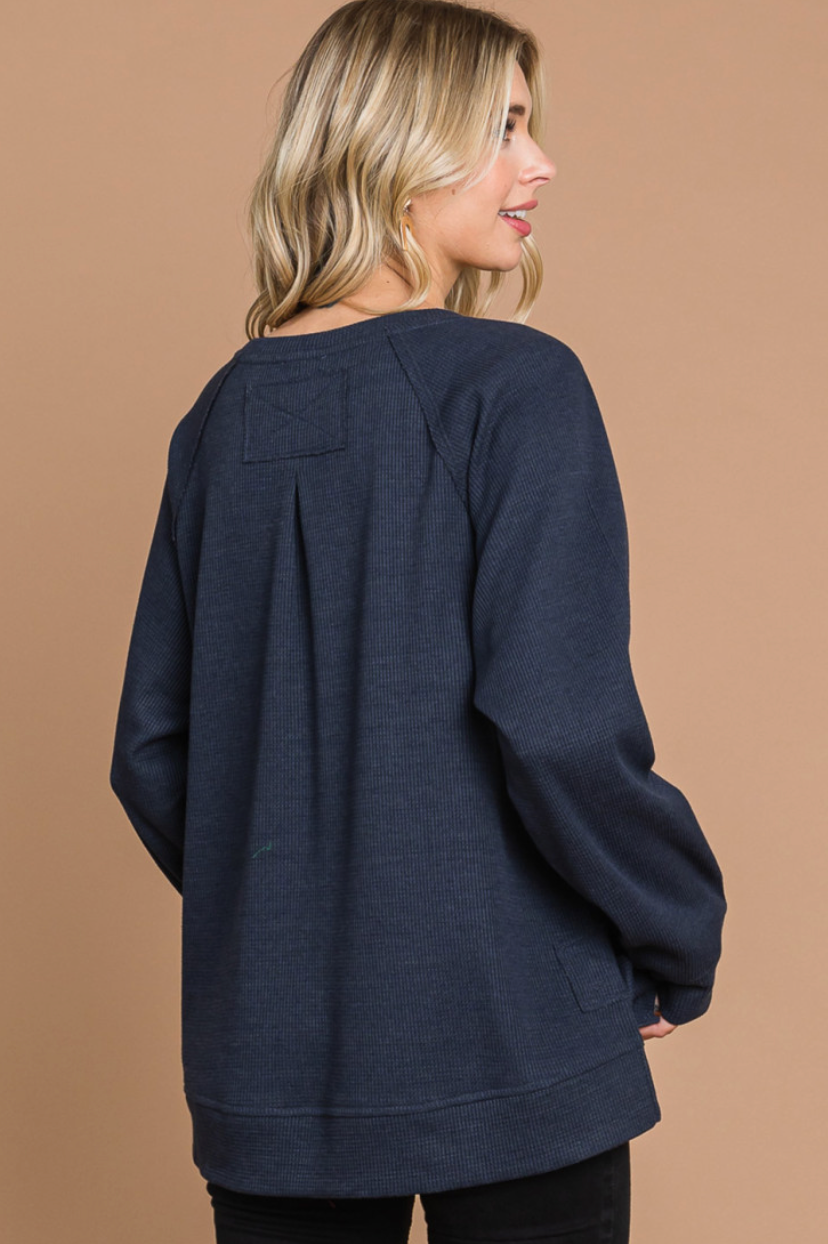 Curvy Ash Navy Washed Cotton Blended Thermal Casual Top Final Sale