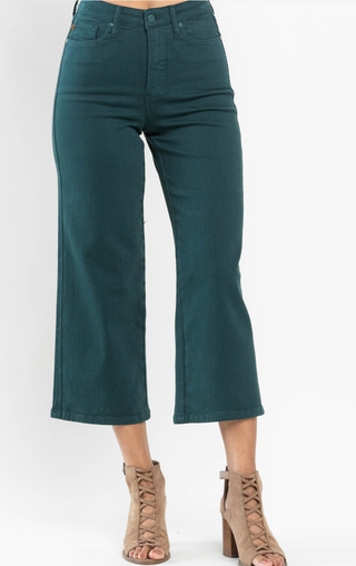 JUDY BLUE TEAL HIGH WAIST TUMMY CONTROL GARMENT DYED WIDE LEG CROP Final Sale