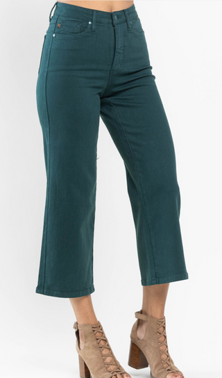 JUDY BLUE TEAL HIGH WAIST TUMMY CONTROL GARMENT DYED WIDE LEG CROP Final Sale