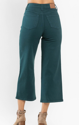 JUDY BLUE TEAL HIGH WAIST TUMMY CONTROL GARMENT DYED WIDE LEG CROP Final Sale