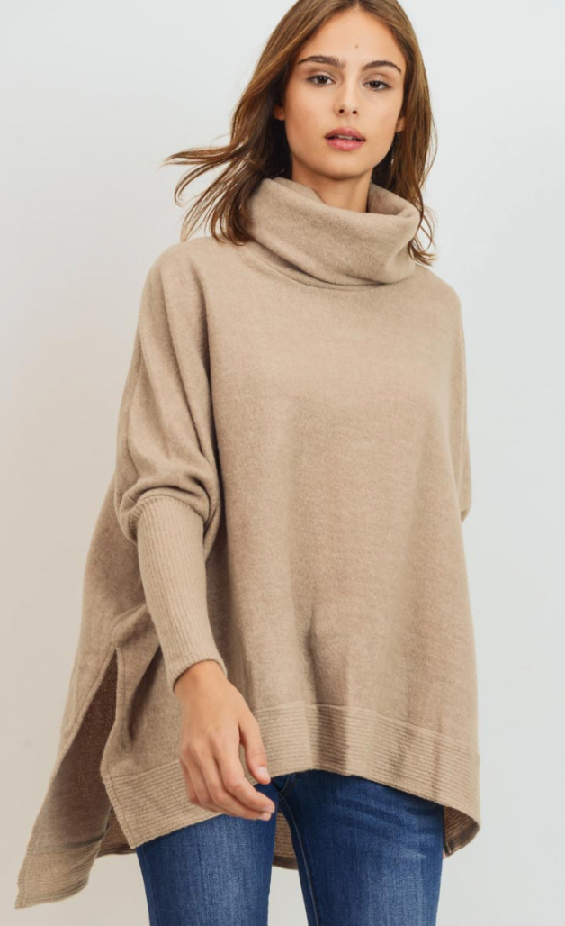 Taupe Brushed Knit Cowl Turtle Neck High Low Top Final Sale