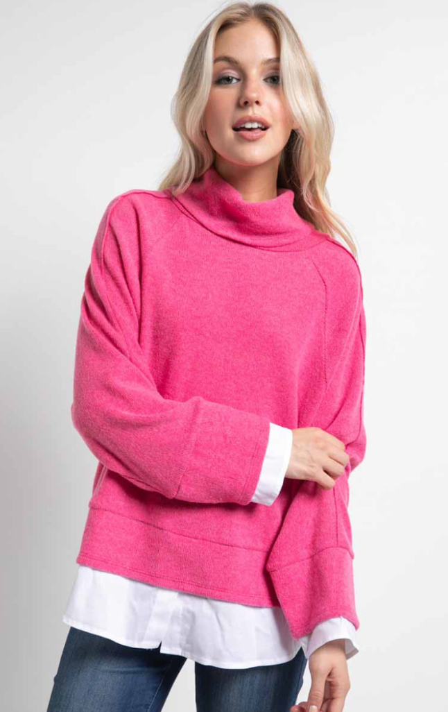 Hot Pink Long Sleeve Brushed Knit Layered Knit Top Final Sale