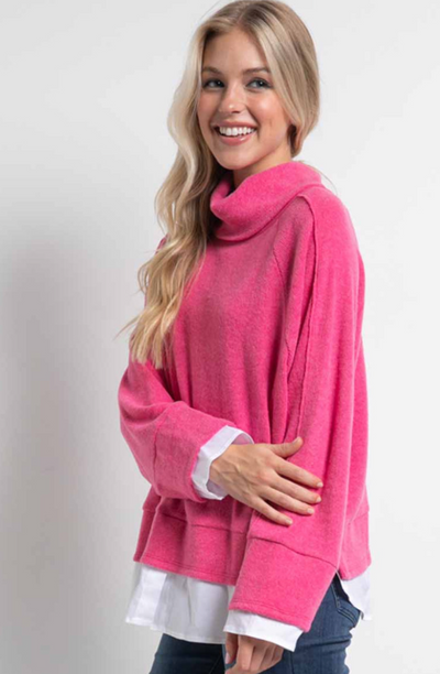 Hot Pink Long Sleeve Brushed Knit Layered Knit Top Final Sale