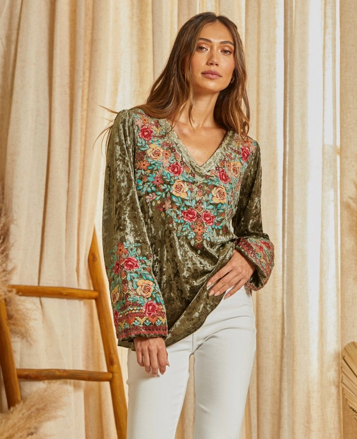 Olive Classic Velvet Embroidered Top with V Neckline and Bubble Sleeves (Reg and Curvy!) FINAL SALE