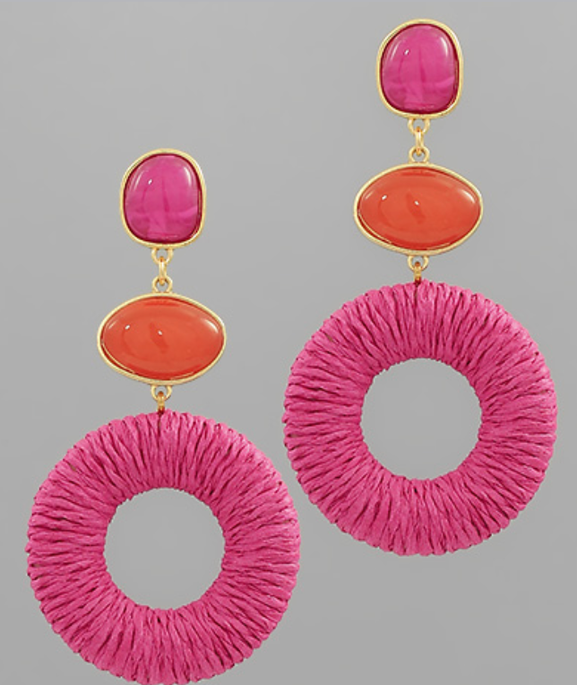 Linked Color Stone & Raffia Earrings