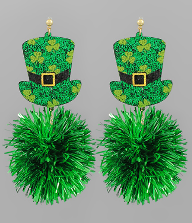 Glitter Leprechaun Hat Pom Pom Earrings