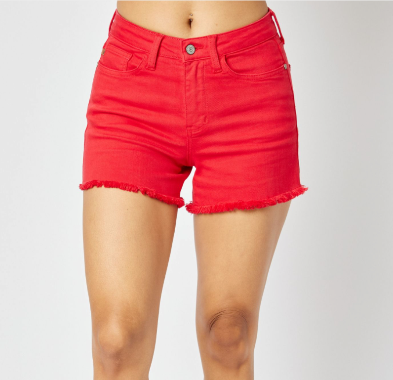 Judy Blue Red Mid Rise Garment Dyed Fray Hem Shorts