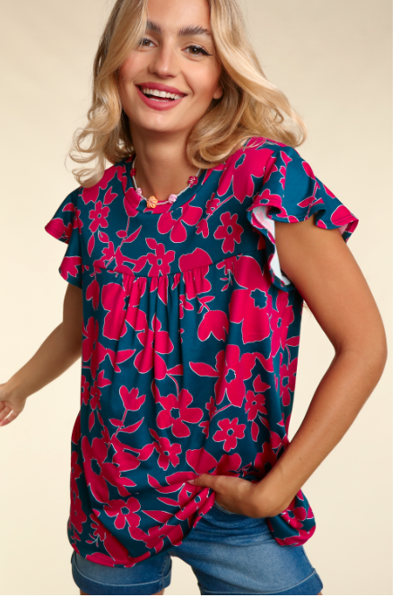 ROUND NECK YOKE RUFFLE SHORT SLEEVE FLORAL PRINT KNIT TOP