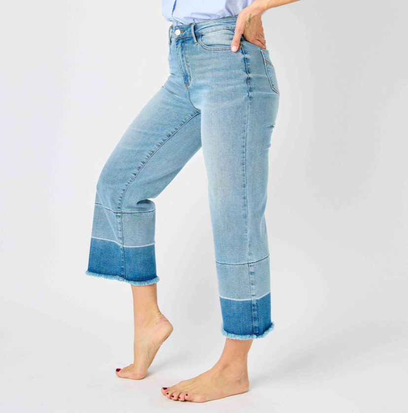 JUDY BLUE HIGH WAIST RELEASE HEM CROP WIDE