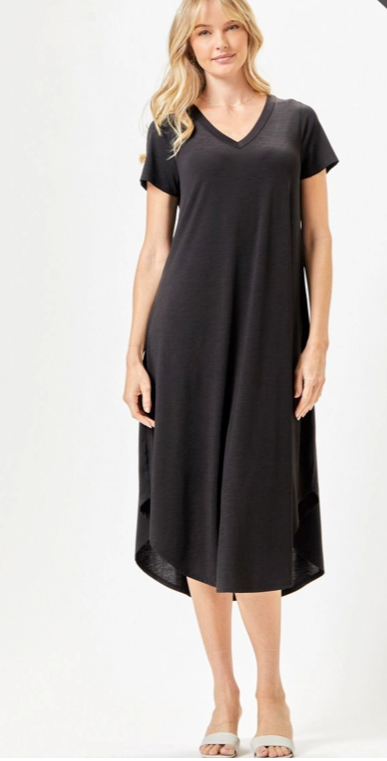 Black Solid V-Neck Midi Dress