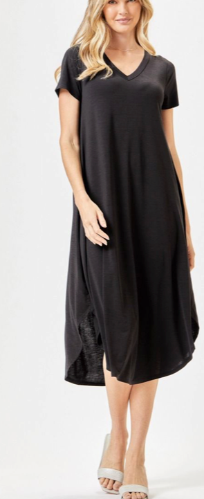 Black Solid V-Neck Midi Dress