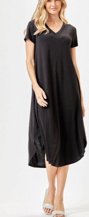 Black Solid V-Neck Midi Dress Final Sale