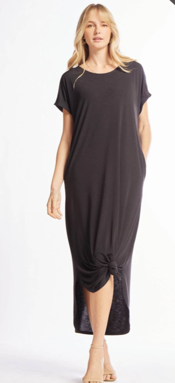 Black Solid Round Neck Midi Dress w/Pockets Final Sale