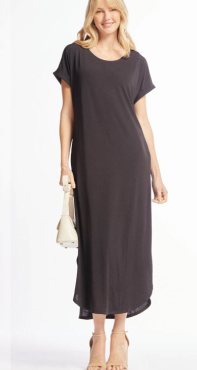 Black Solid Round Neck Midi Dress w/Pockets Final Sale