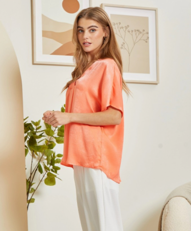 Persimmon Relaxed V-Neck Short Sleeve Solid Top