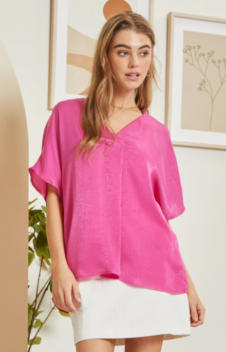 Hot Pink Relaxed V-Neck Short Sleeve Solid Top